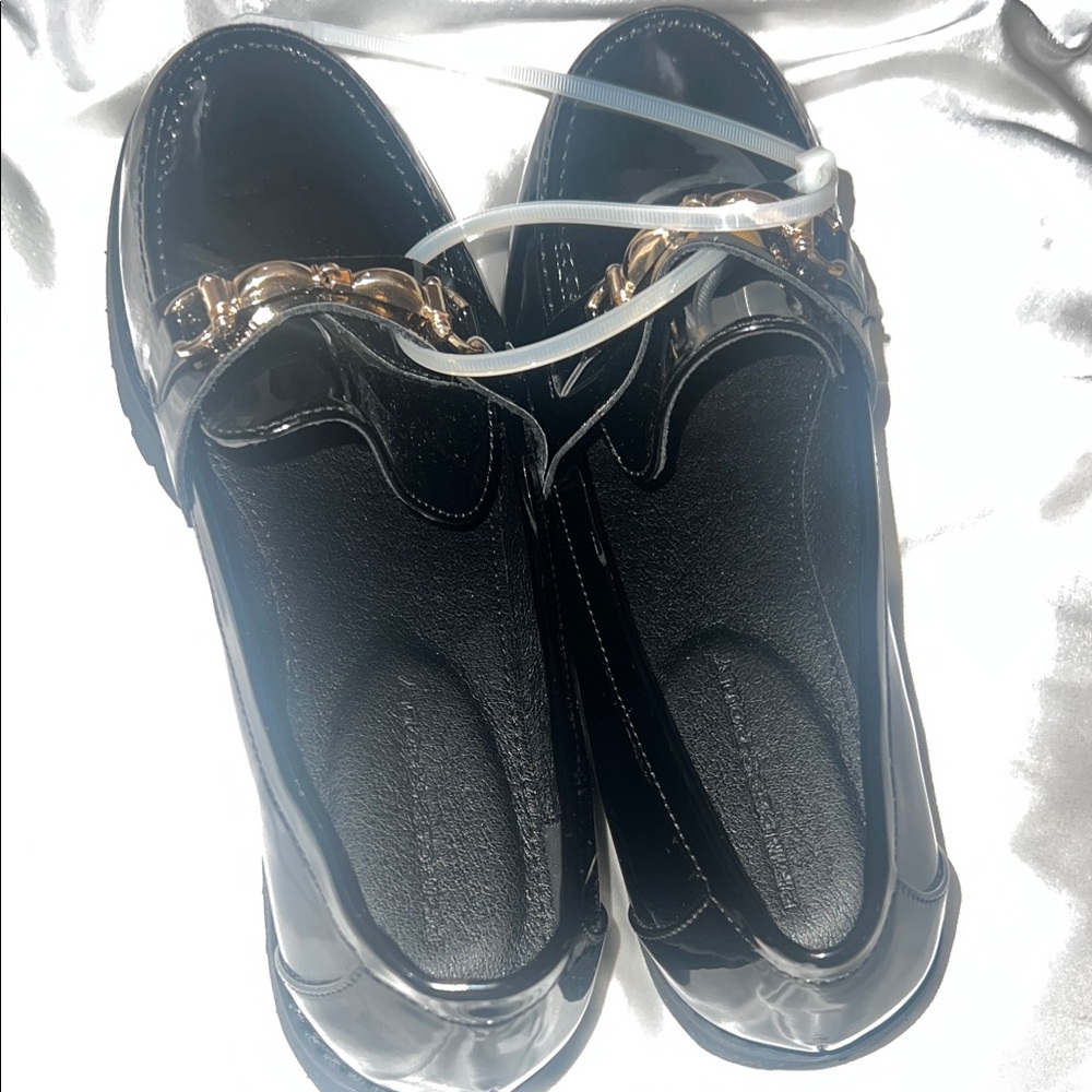 Princess Polly Glossy Black Loafers with Gold Accent